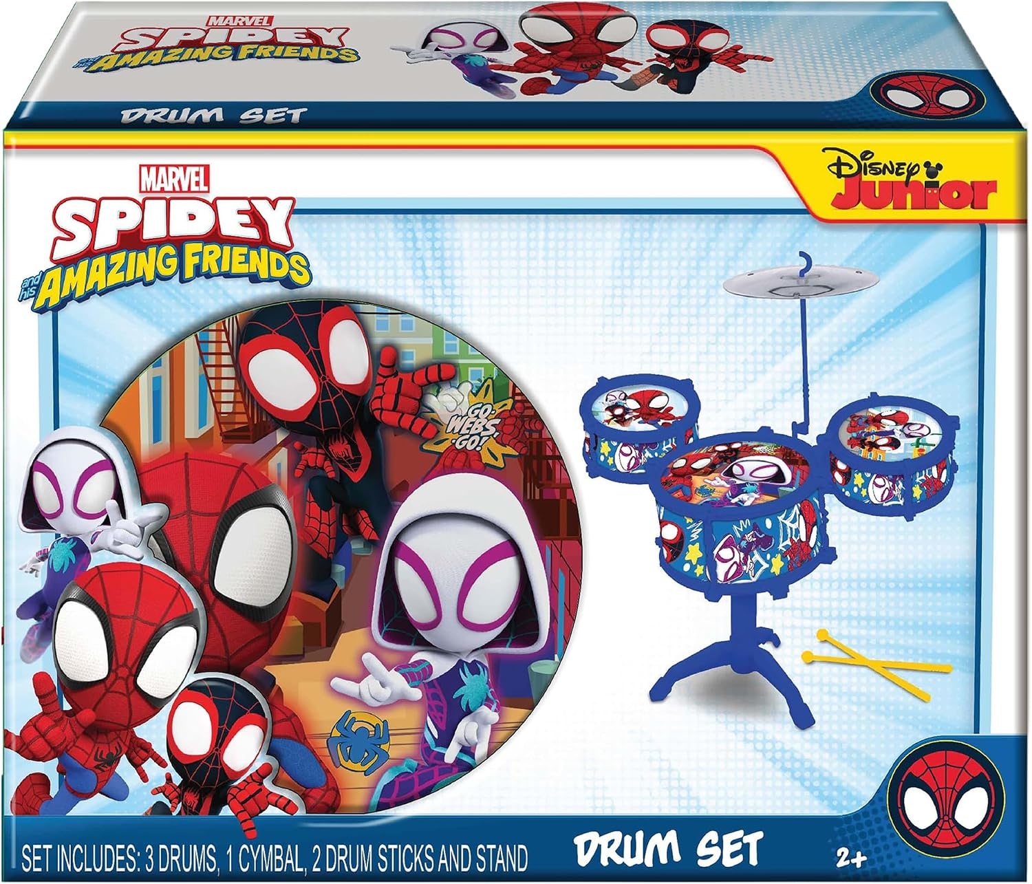Hedstrom Large Drum Set – 3 Drums, 1 Cymbal, 2 Drum Sticks & Stand, Disney Princess(Spidey & Friends)