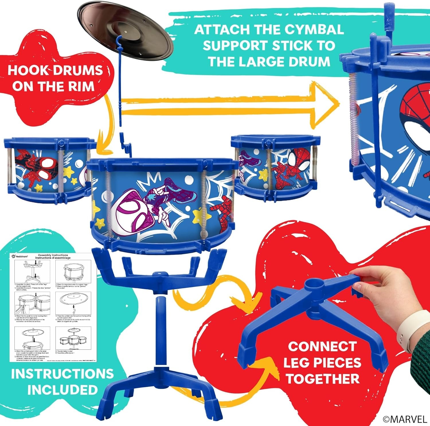 Hedstrom Large Drum Set – 3 Drums, 1 Cymbal, 2 Drum Sticks & Stand, Disney Princess(Spidey & Friends) - view 4