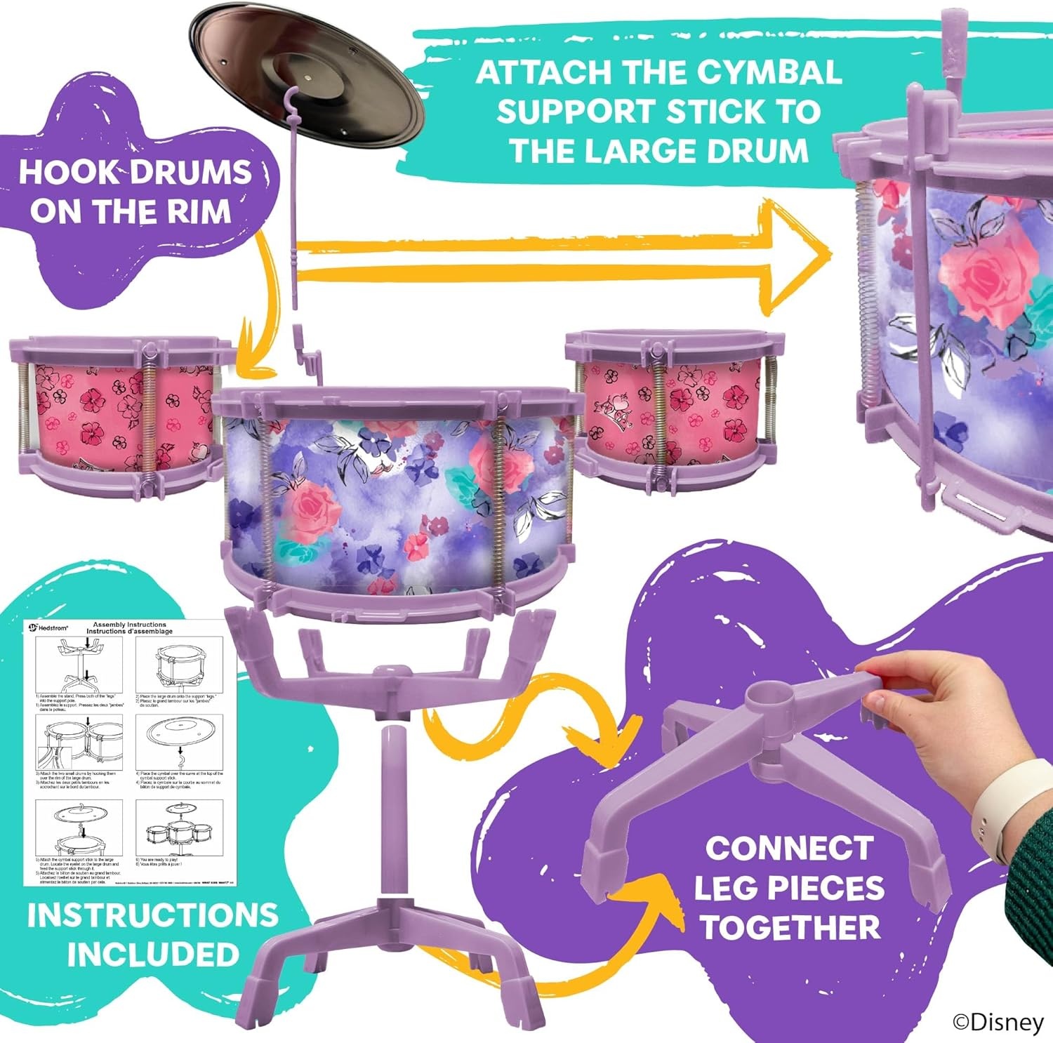Hedstrom Large Drum Set – 3 Drums, 1 Cymbal, 2 Drum Sticks & Stand, Disney Princess(Disney Princess) - view 4