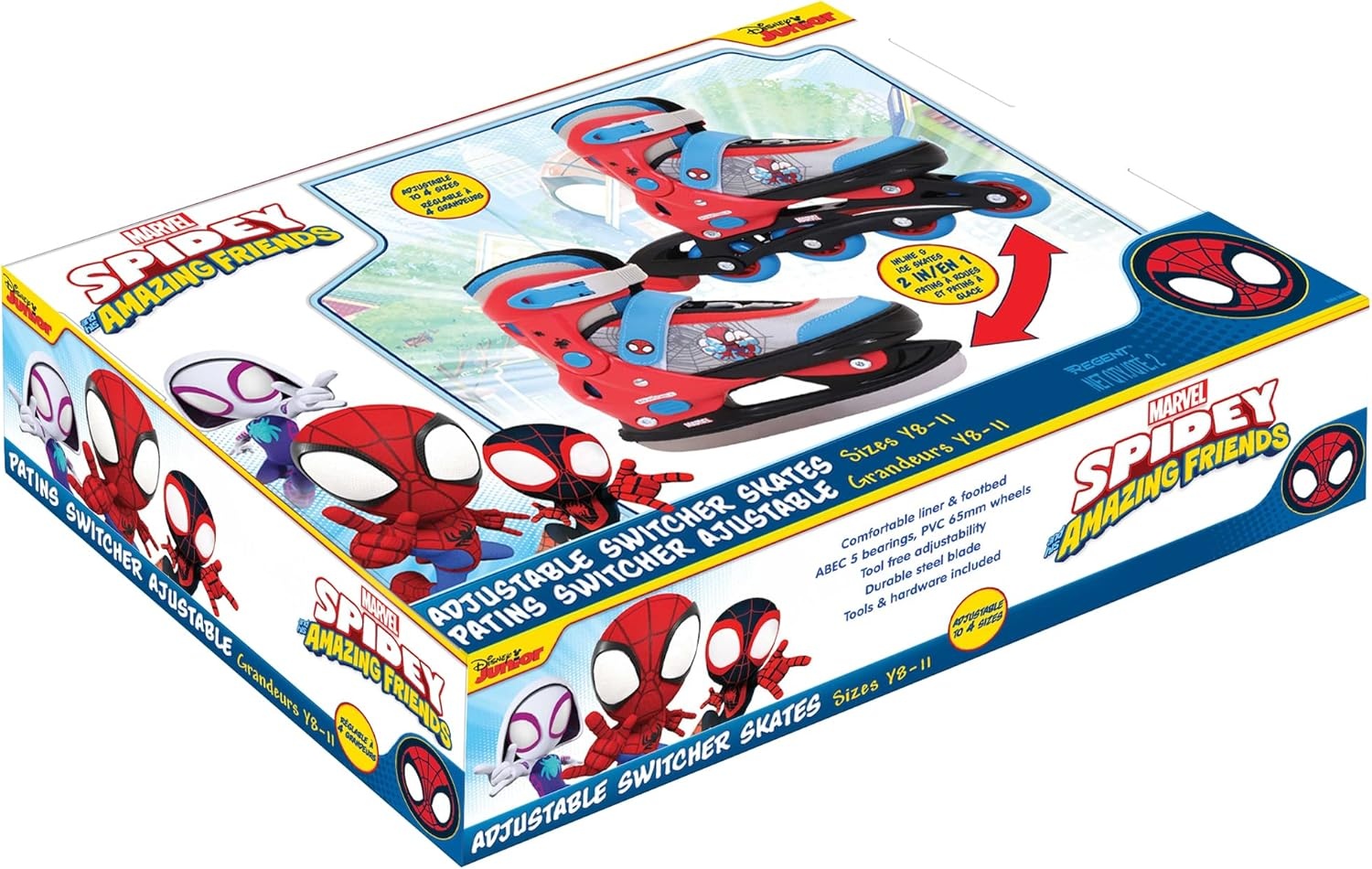 Spidey and Amazing Friends Switcher Skate Youth 8-11 – Converts from Ice Skate to Inline Skate with Soft Boot, Durable Steel Blade, ABEC 5 Bearings, PVC 64mm Wheels