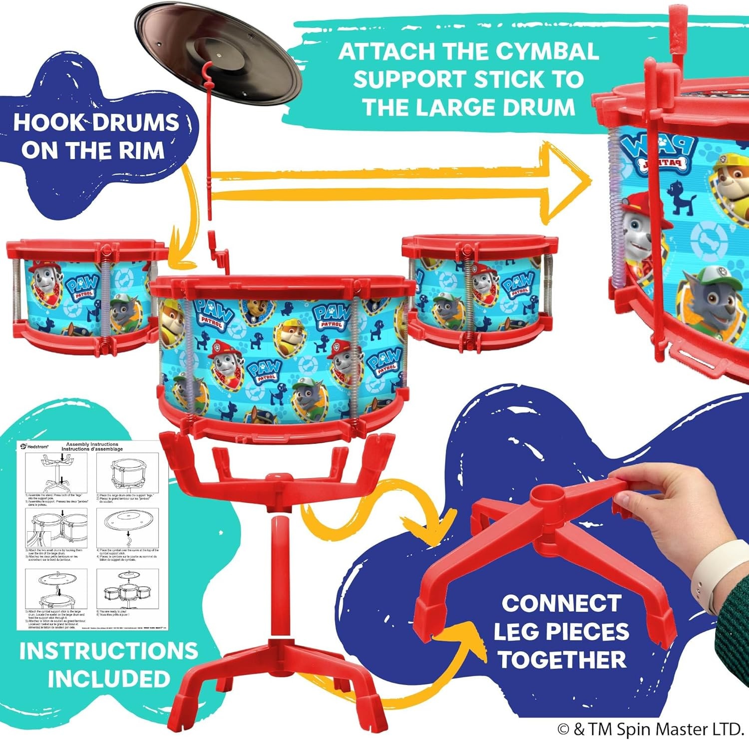 Hedstrom Large Drum Set – 3 Drums, 1 Cymbal, 2 Drum Sticks & Stand, Disney Princess(Paw Patrol) - view 2