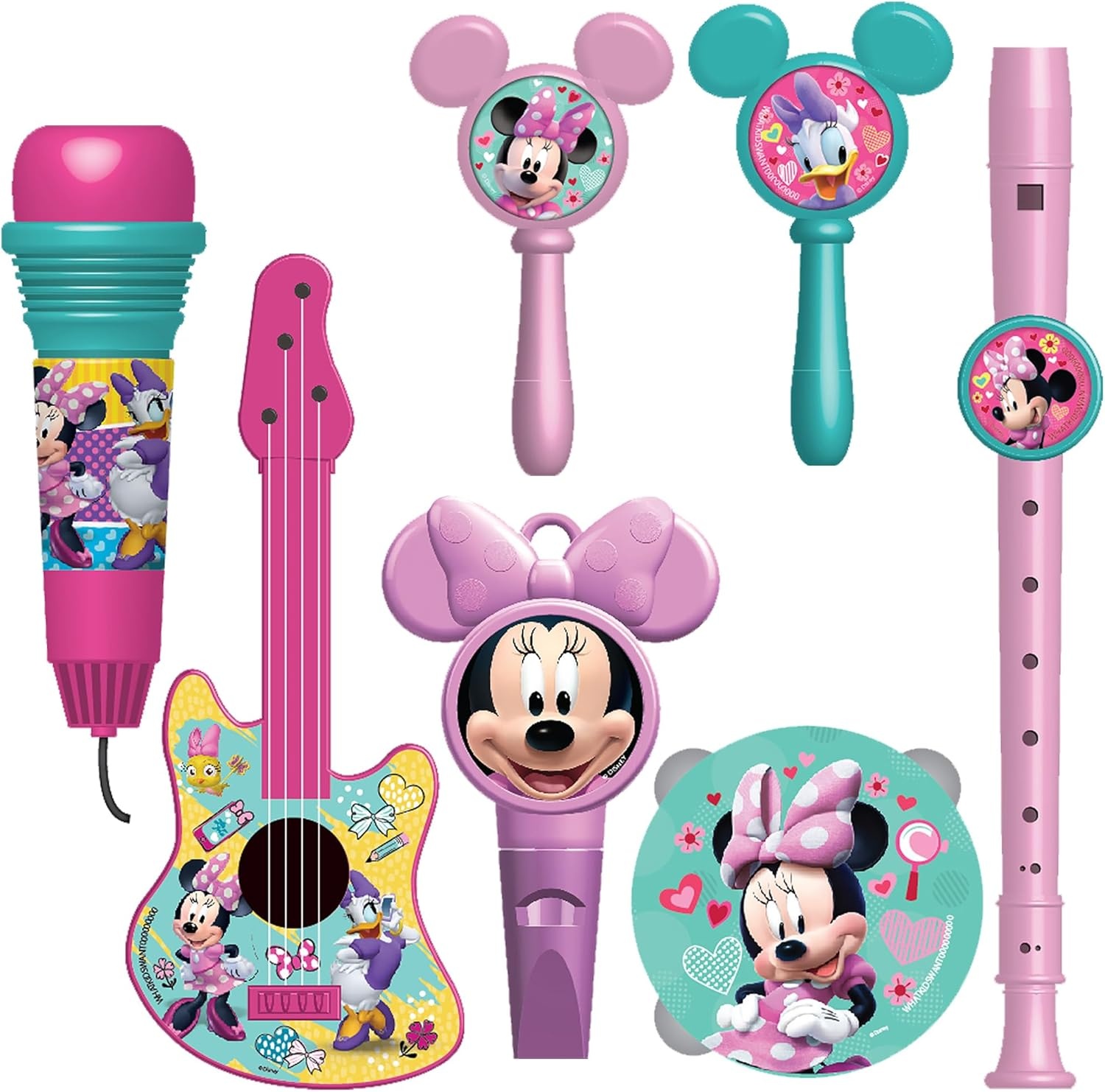 Disney Junior Minnie Mouse Extra Large Music Set – 7 Piece Set Includes Maracas, Flute Recorder, Tambourine, Whistle, Guitar & Echo Microphone